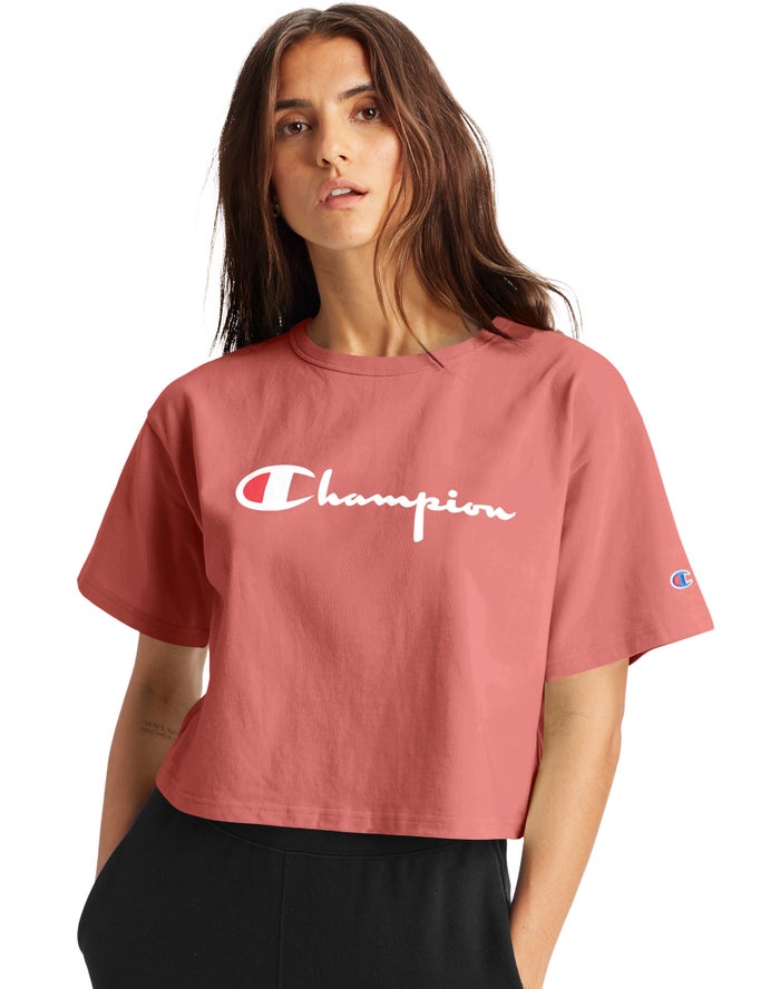 Champion Heritage Cropped Script Logo Kadın Tişört Mercan ( BDSYQZ150 )